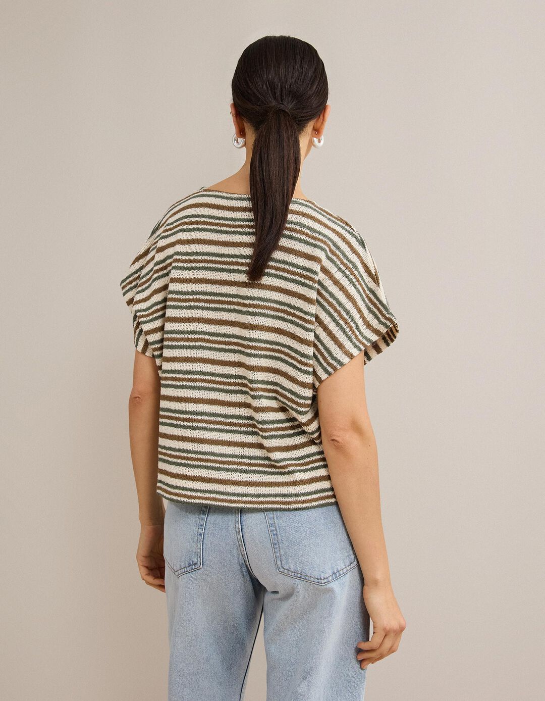 T-shirt &Agrave;s Riscas Em Malha R&uacute;stica, Mulher, Castanho