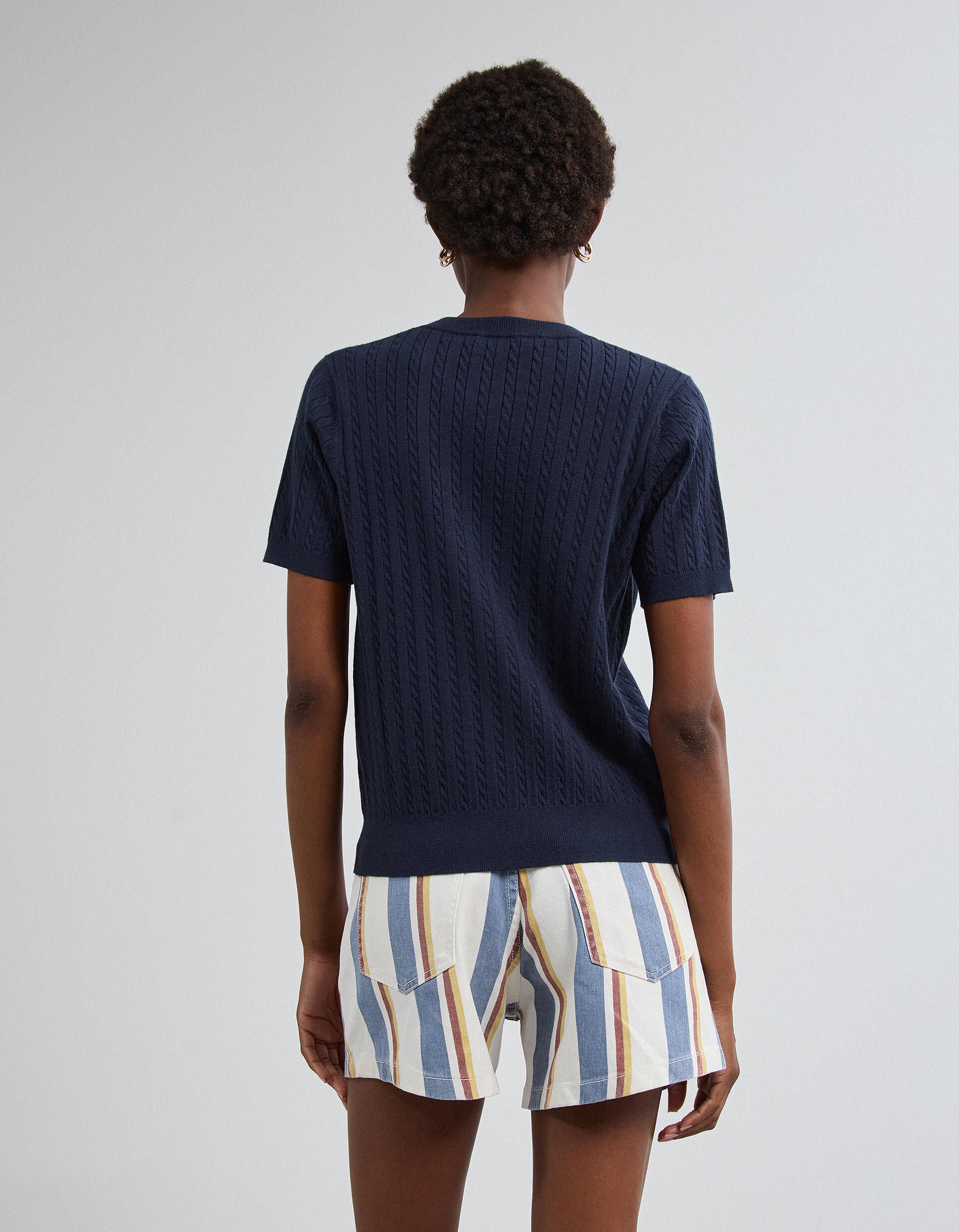 Comprar Online Camisola Tricotada Manga Curta, Mulher, Azul Escuro