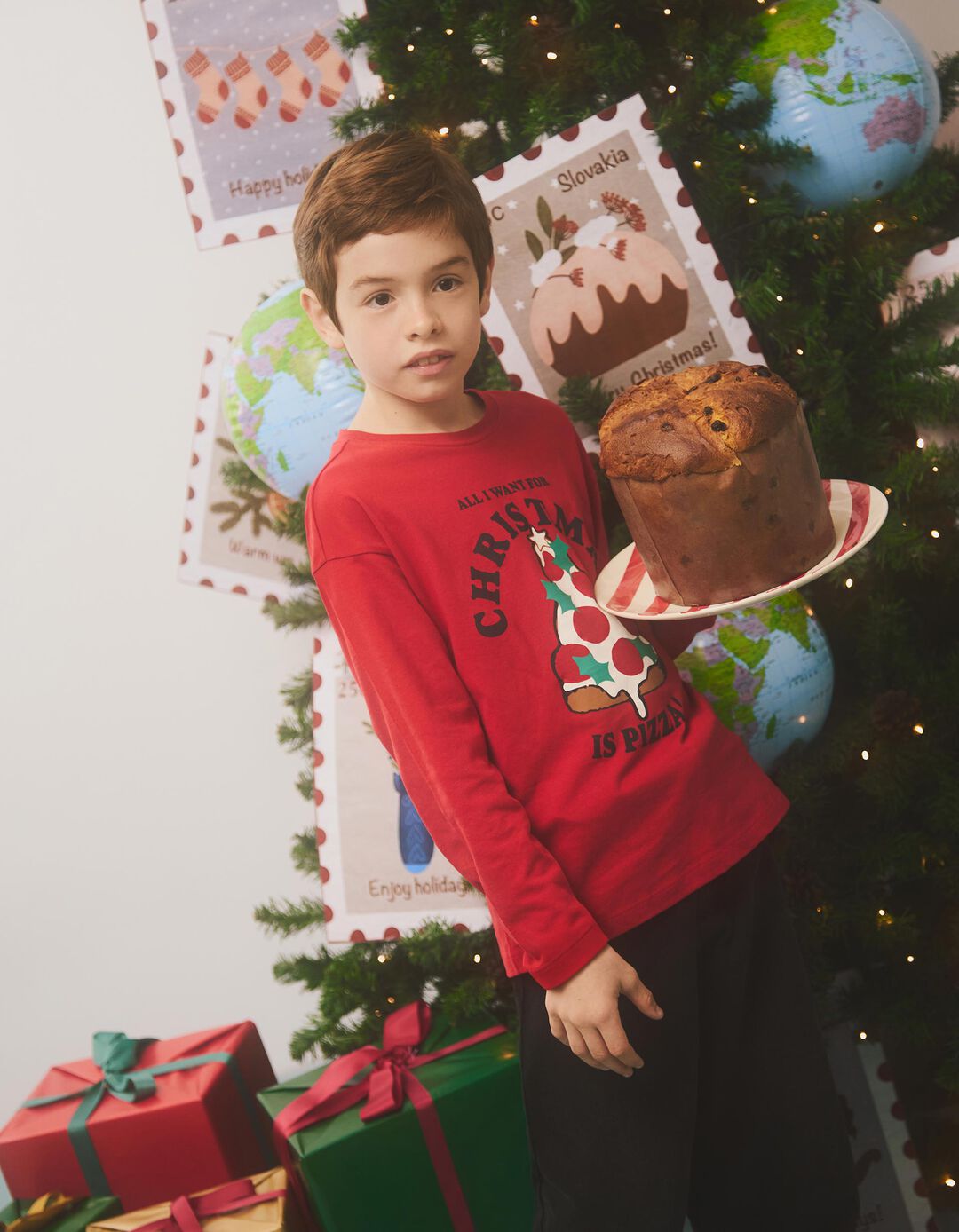 T-shirt de Manga Comprida de Natal, Menino, Vermelho 