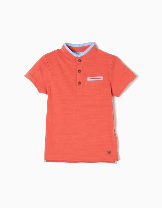 Short-Sleeved Polo Shirt with Mandarin Collar, Orange
