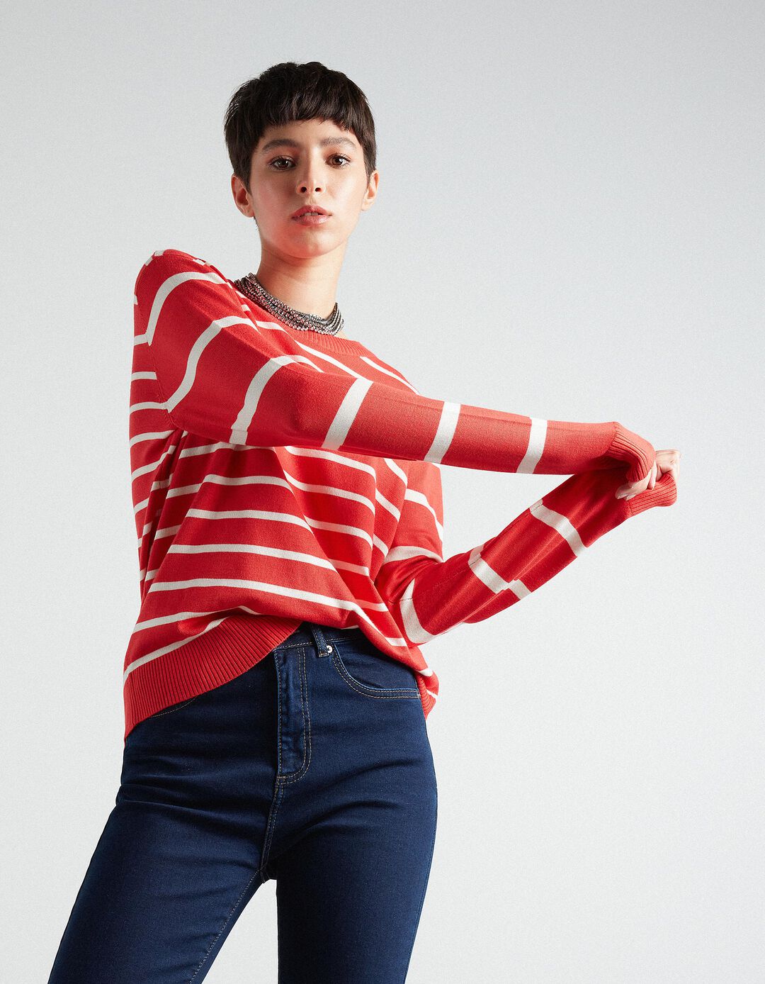 Striped Knitted Jumper, Women, Red