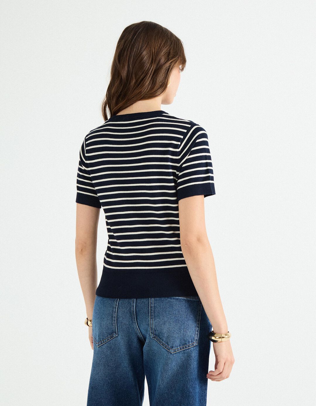 Camisola de Malha às Riscas, Mulher, Azul Escuro
