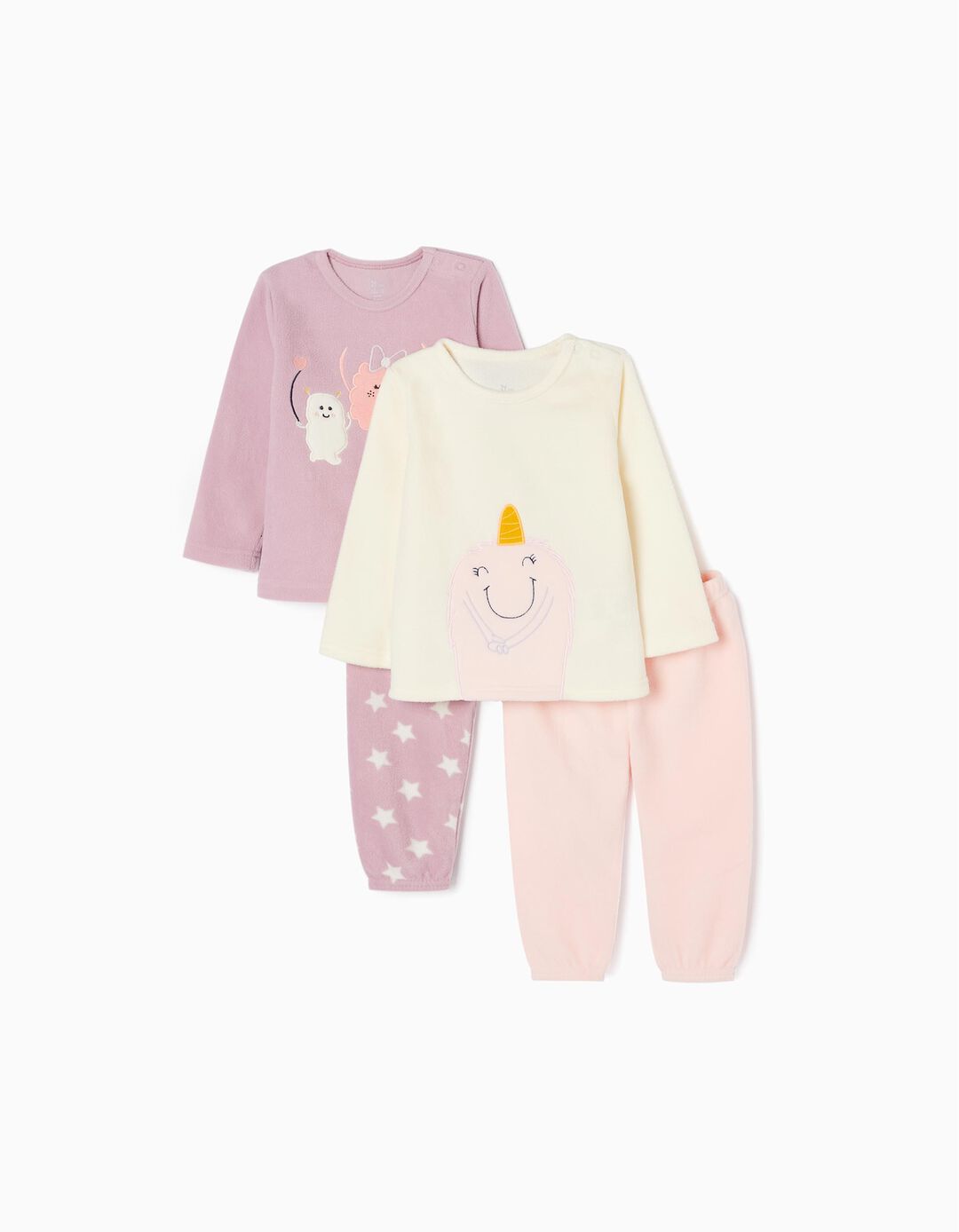 Pack 2 Pijamas Polares para Bebé Menina 'Monstras', Branco/Rosa/Lilás