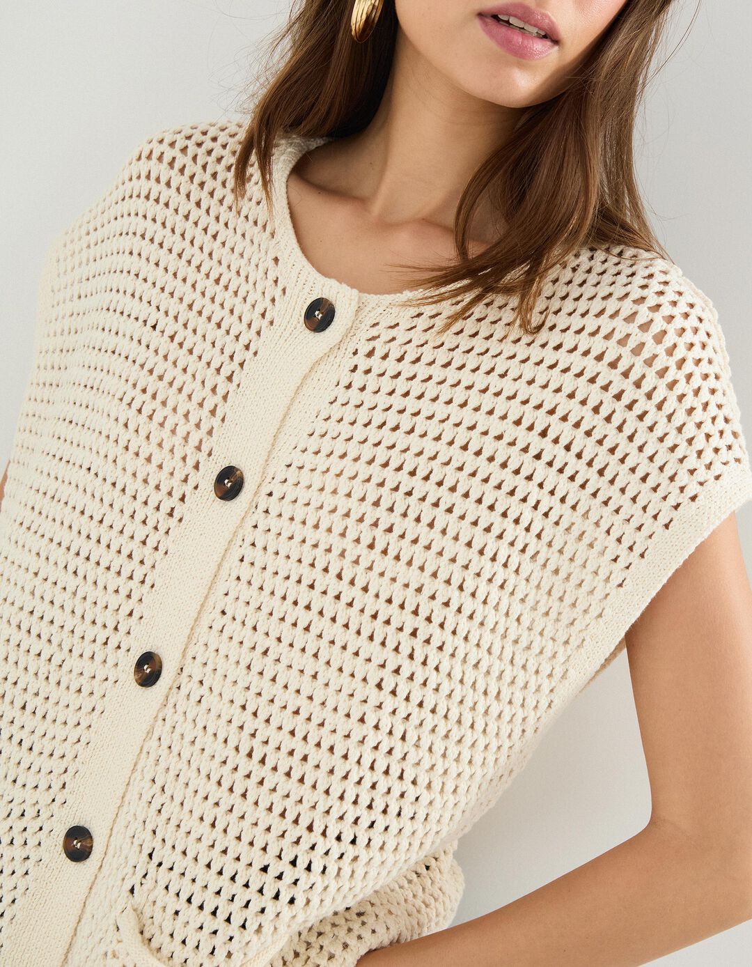 Colete de Crochet, Mulher, Bege Claro