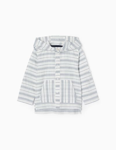 Camisa às Riscas com Capuz em Algodão para Bebé Menino, Branco/Azul