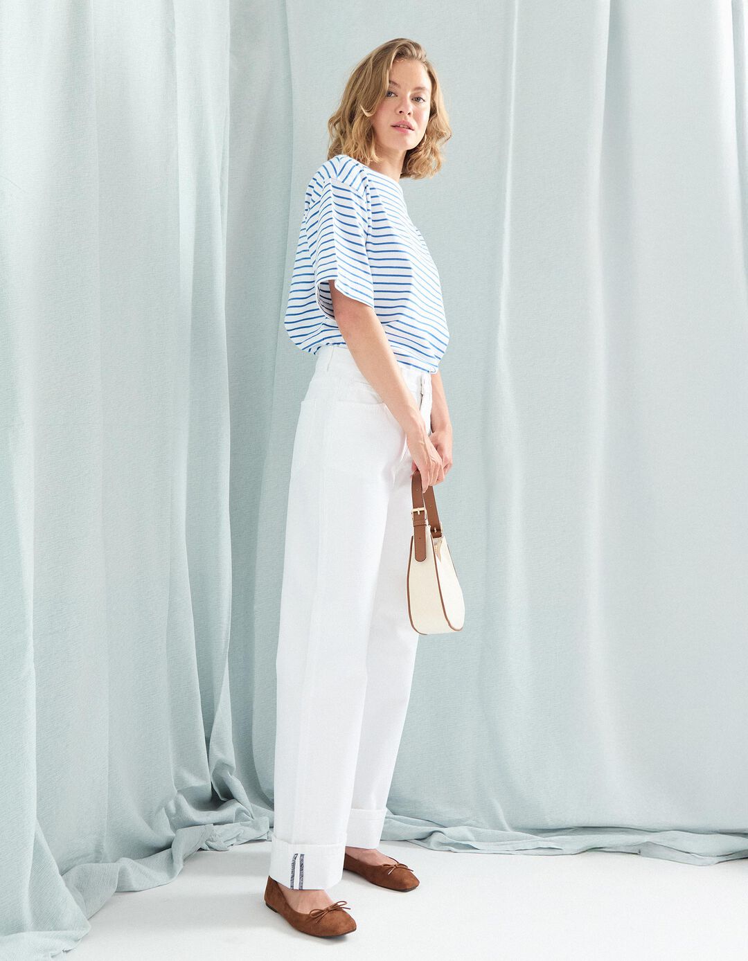 Calças de Ganga Dobradas 'Straight Fit', Mulher, Branco