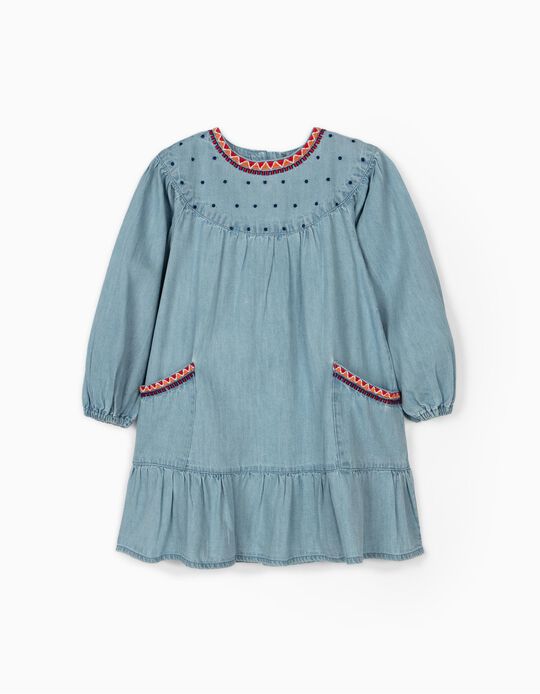 Denim Dress with Embroideries for Girls, Light Blue