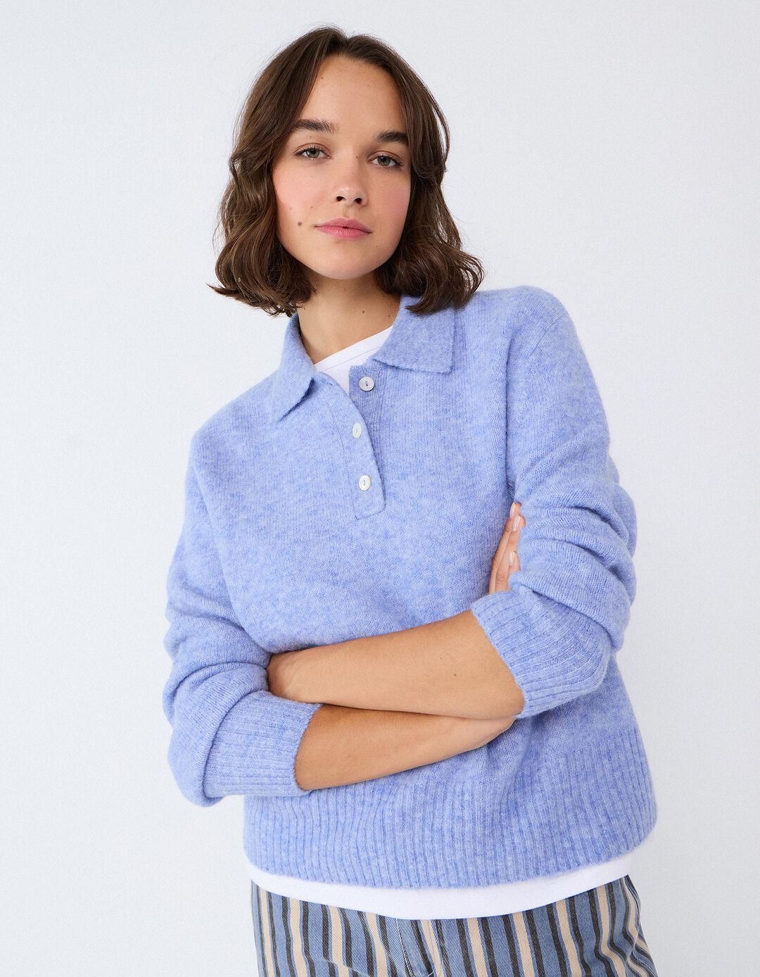 Polo Em Mistura De L&atilde; E Alpaca, Mulher, Azul Claro