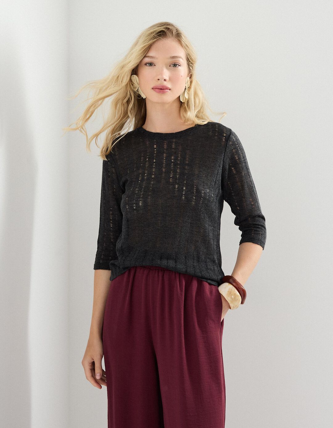 T-shirt em Malha, Mulher, Cinzento Escuro