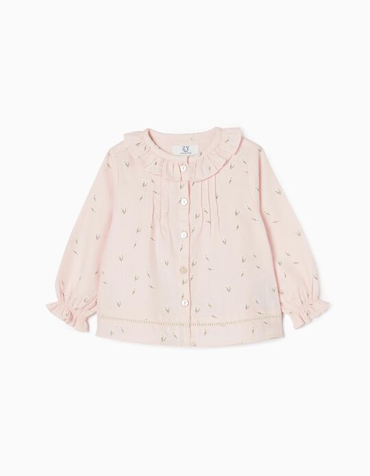 Long Sleeve Cotton Floral Shirt for Baby Girls, Pink