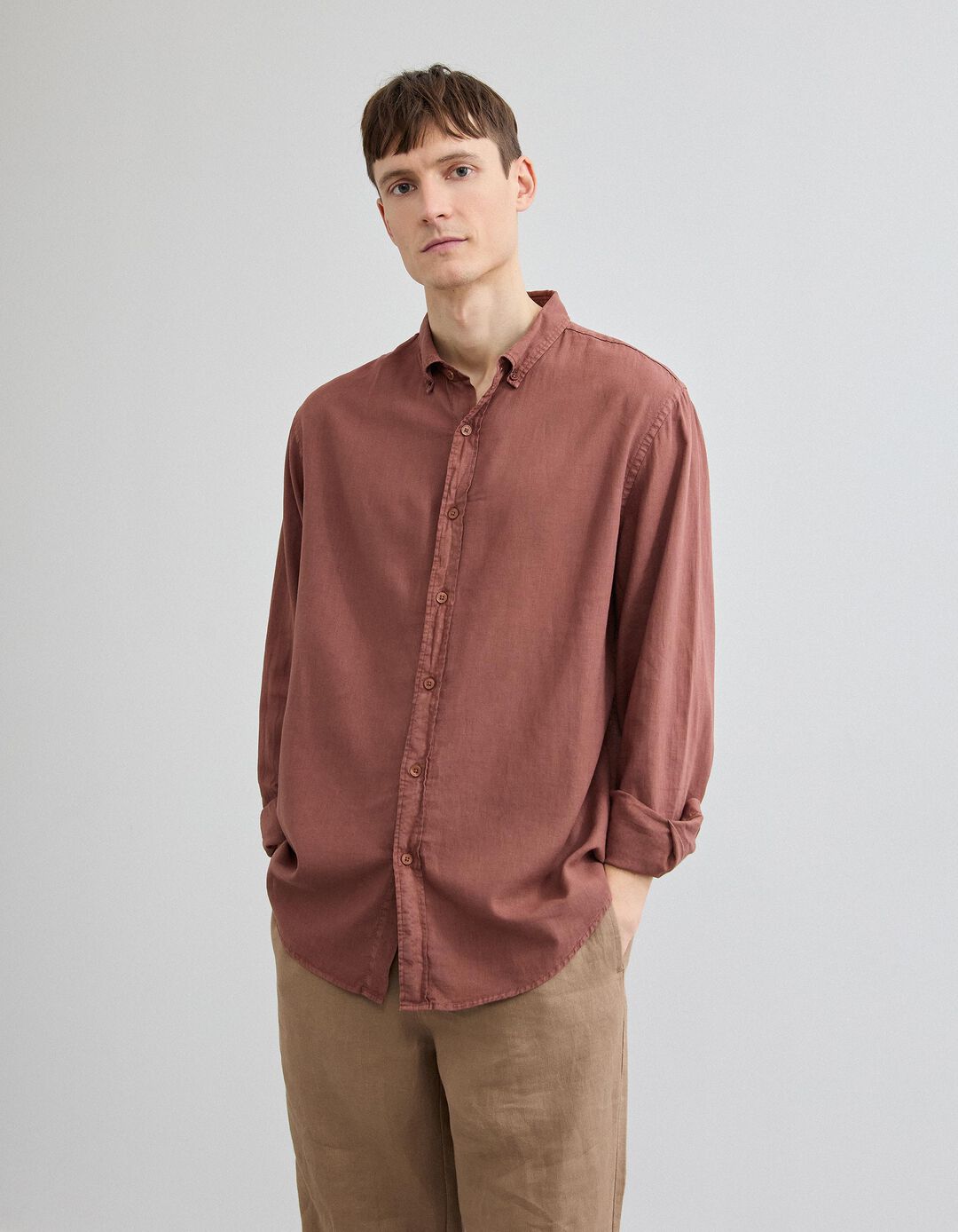 Camisa com Linho, Homem, Castanho