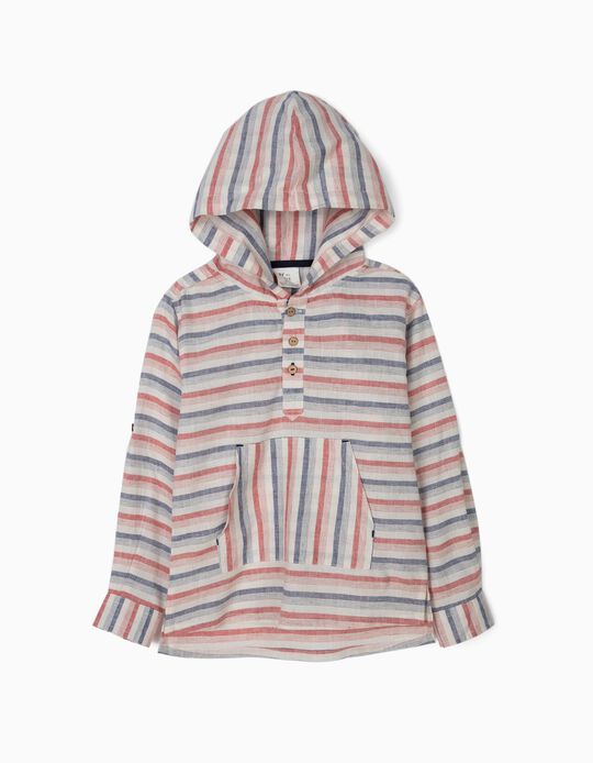 Camisa com Capuz para Menino Linho e Algod&atilde;o, Riscas