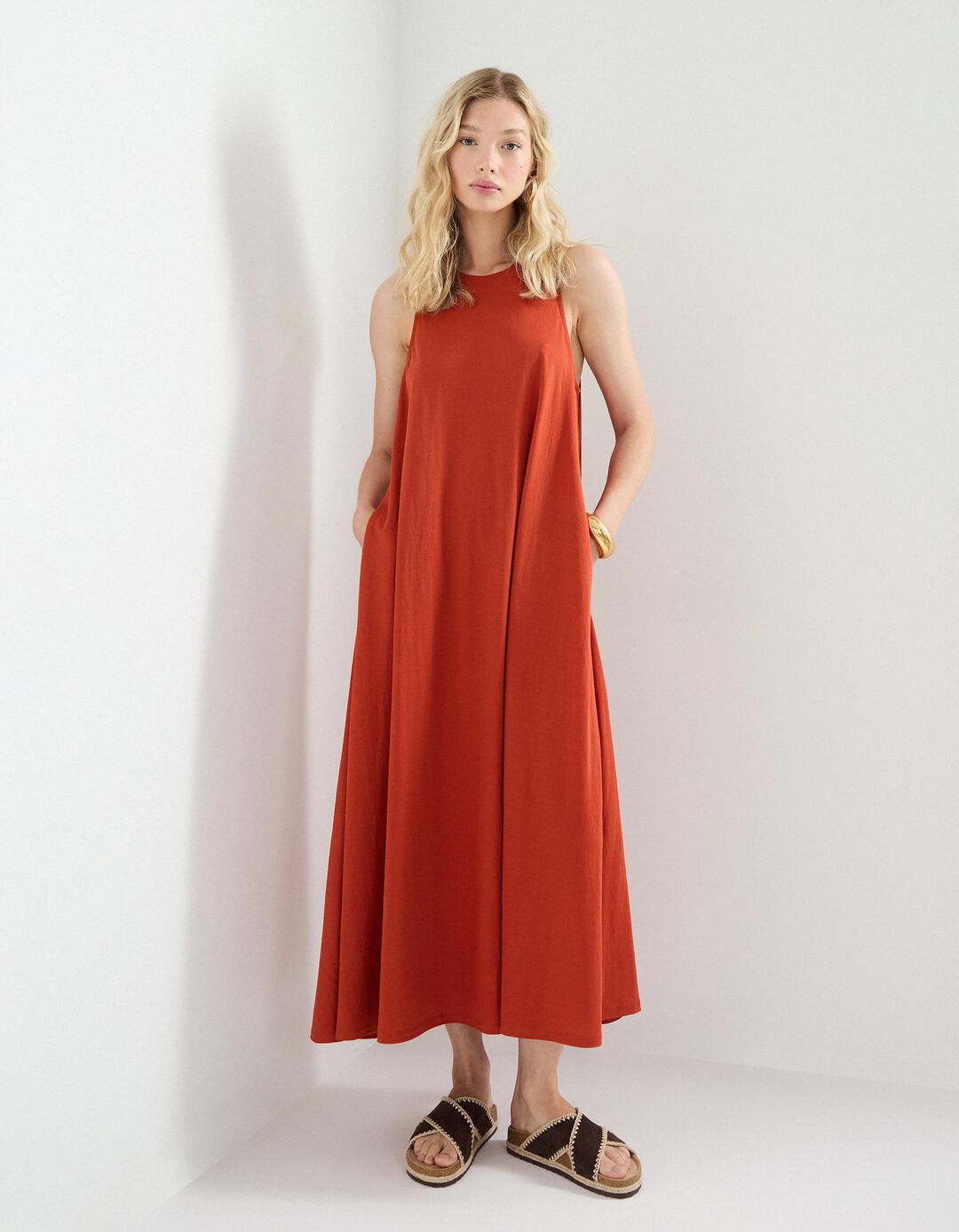 Vestido Comprido, Mulher, Laranja Escuro