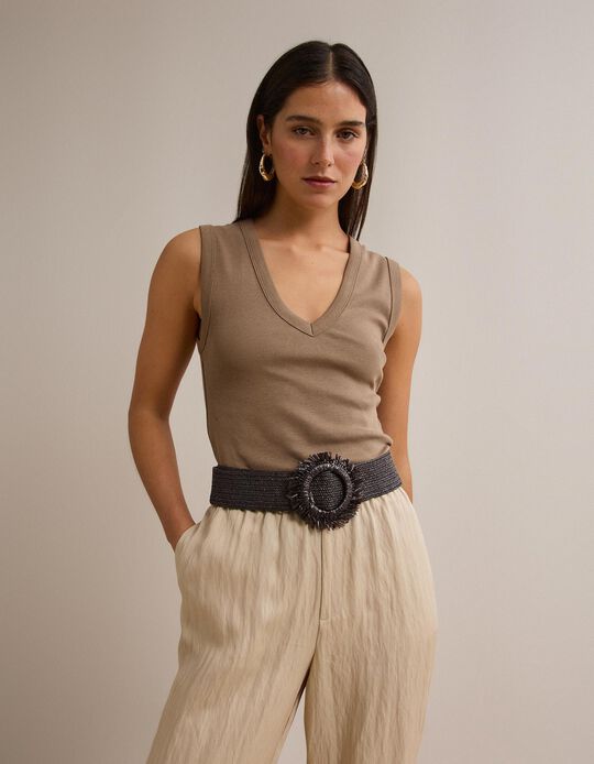 Comprar Online Top Canelado, Mulher, Bege Escuro