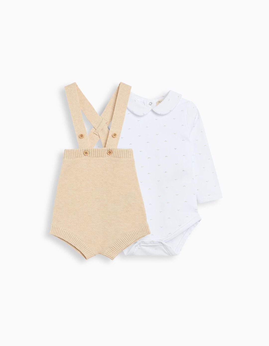 Conjunto Body e Jardineiras, Recém-Nascido, Bege Claro 
