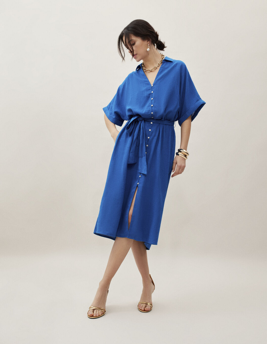 Linen Blend Shirt Dress, Women, Blue