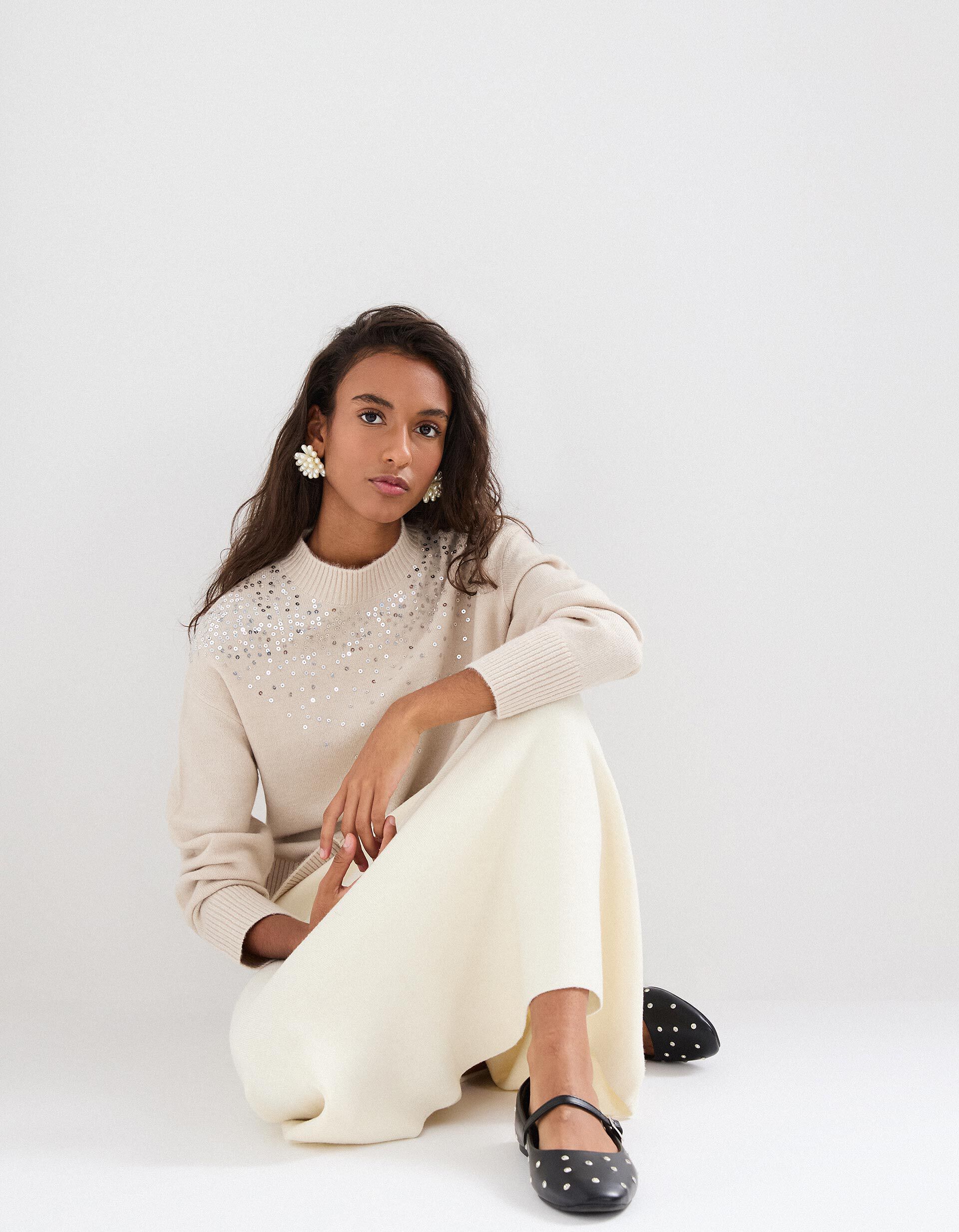 Comprar Online Camisola de Malha com Lantejoulas, Mulher, Bege