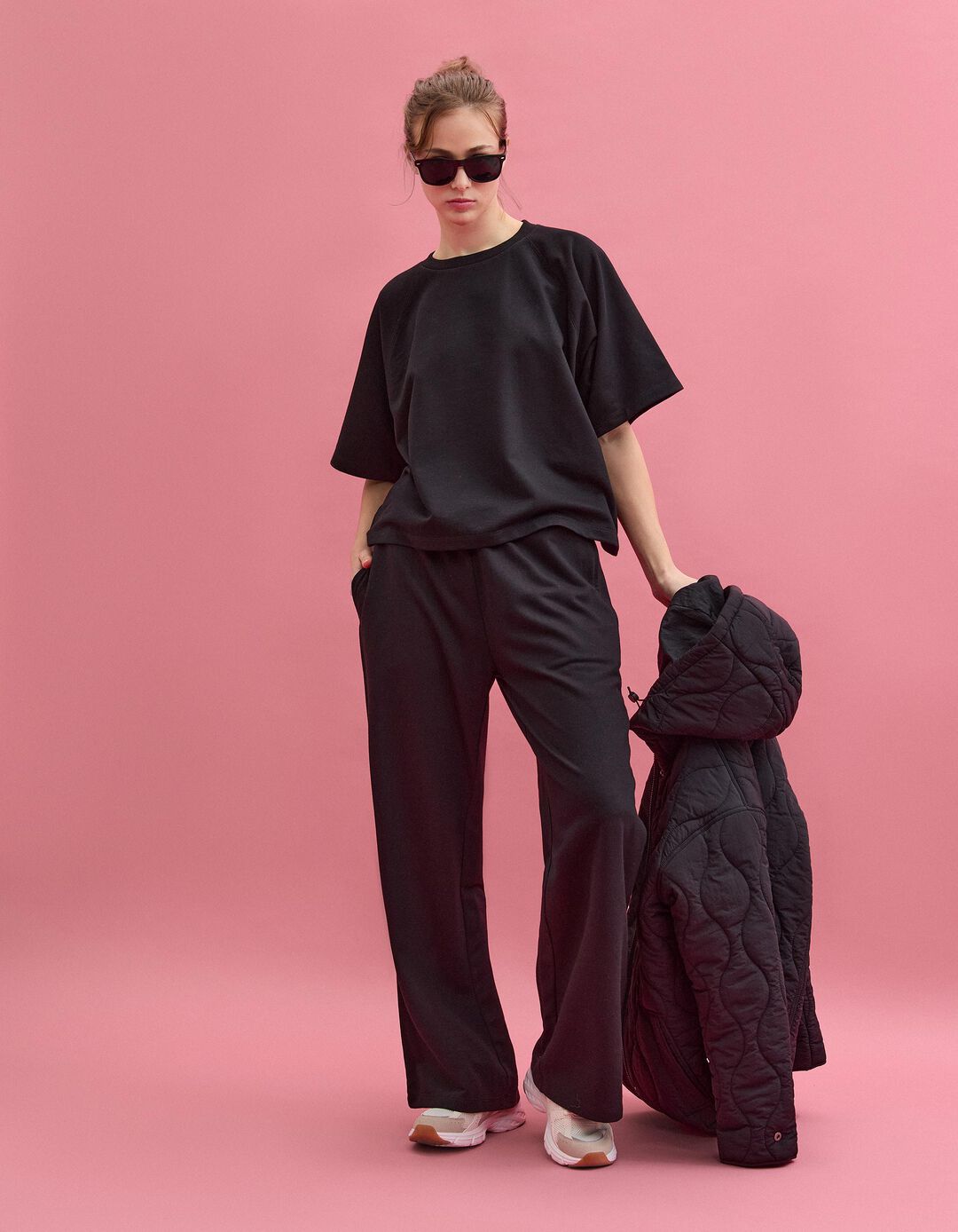 Cal&ccedil;as Jogging 'Wide Leg', Mulher, Preto