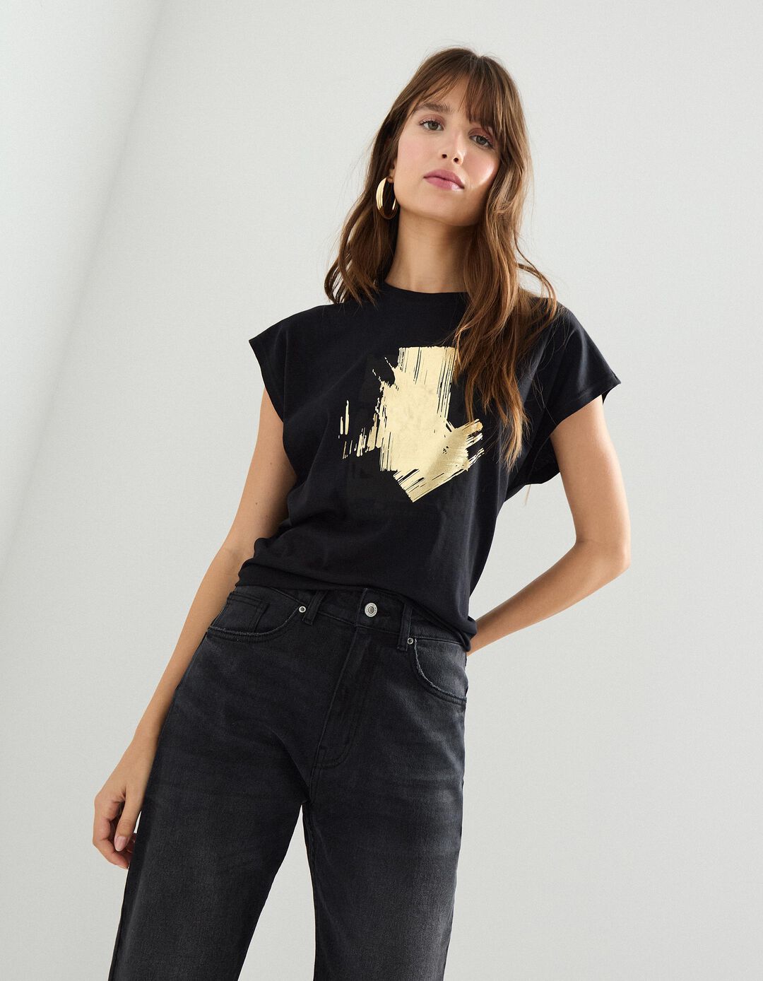T-shirt Estampado Foil, Mulher, Preto
