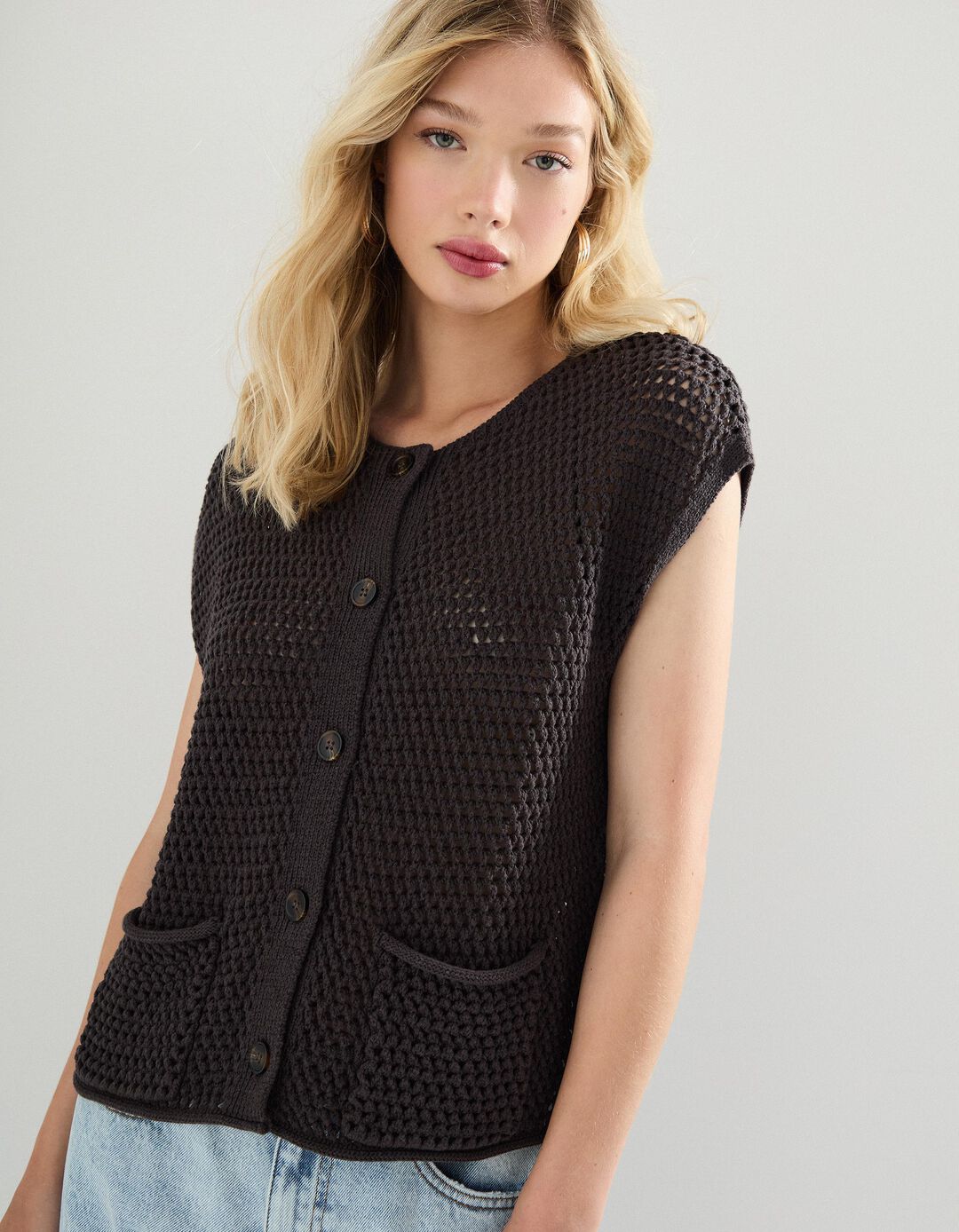 Colete de Crochet, Mulher, Cinzento Escuro