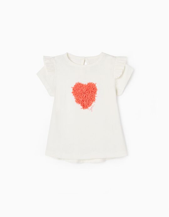 T-shirt de Algodão com Folhos para Bebé Menina 'Love You', Branco