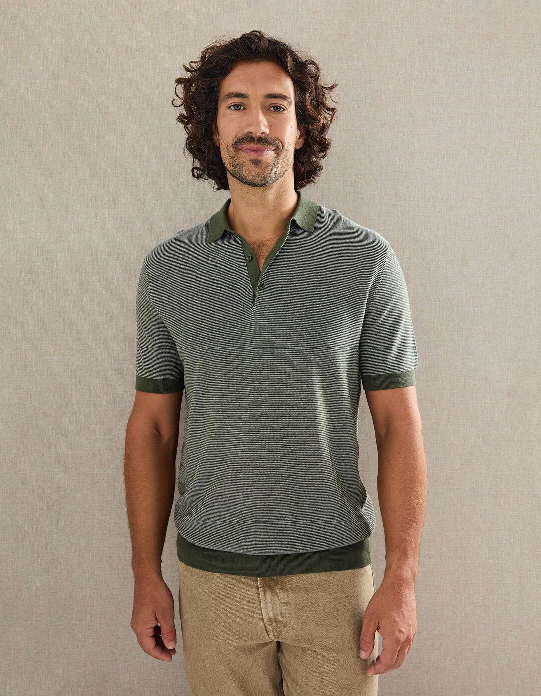 Polo de Malha com Riscas, Homem, Verde Escuro 