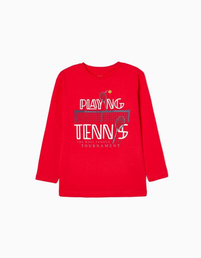T-shirt de Manga Comprida em Algodão para Menino 'Tennis', Vermelho
