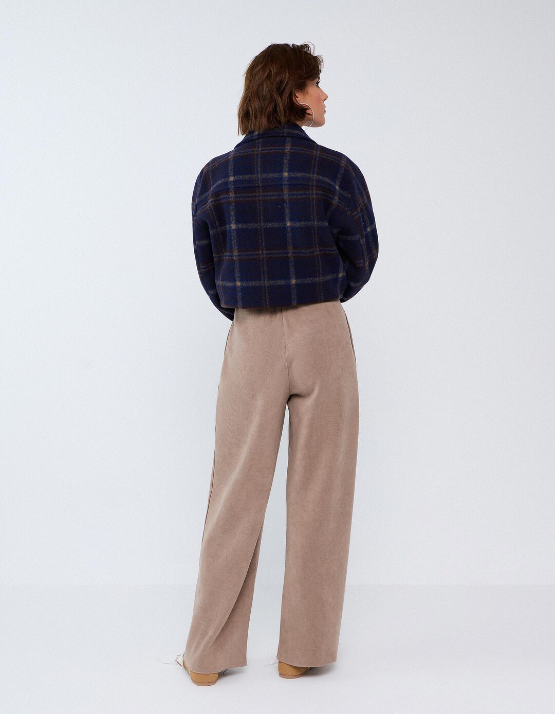 Cal&ccedil;as De Malha Interlock Wide Leg, Mulher, Bege Escuro