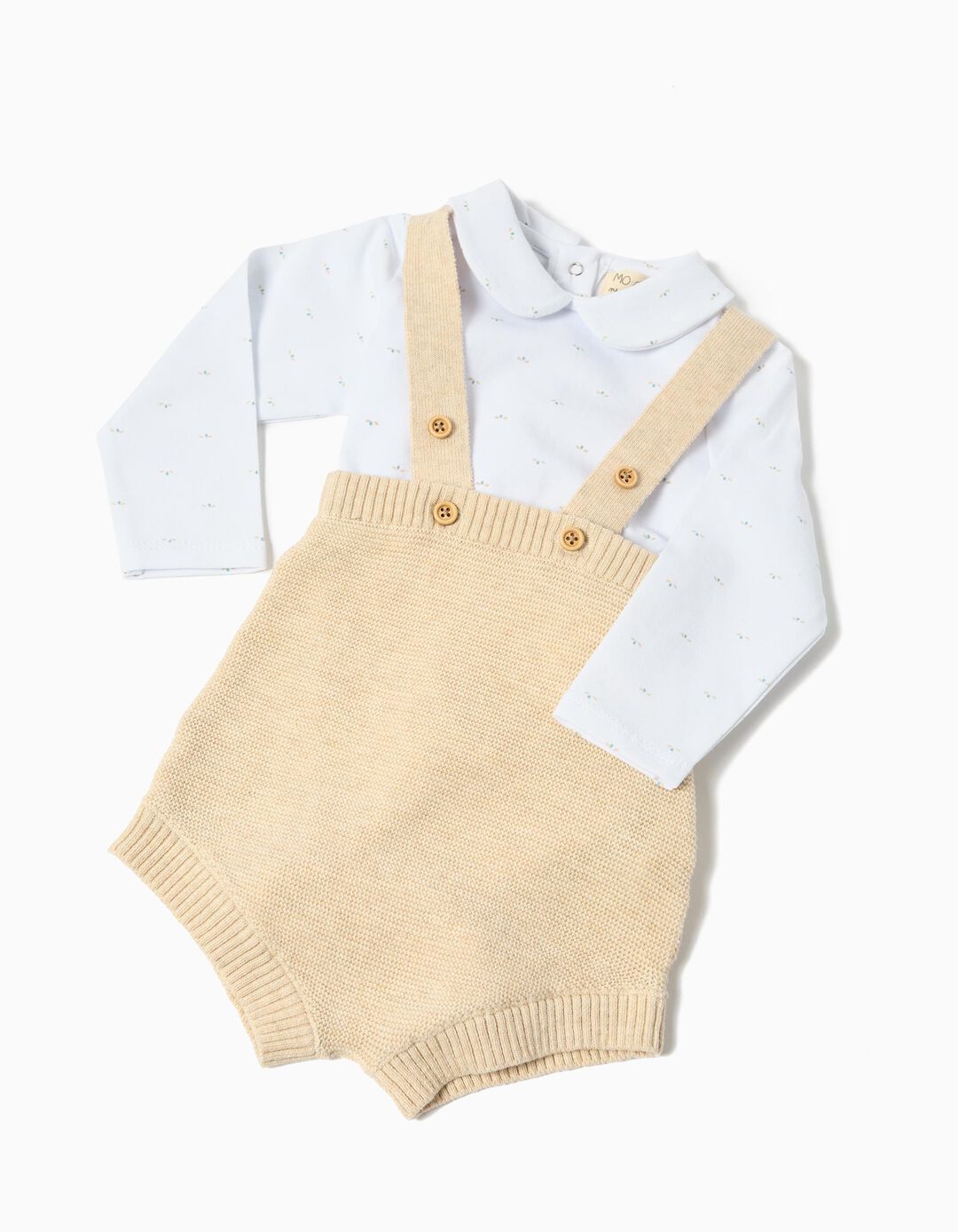 Conjunto Body e Jardineiras, Recém-Nascido, Bege Claro 