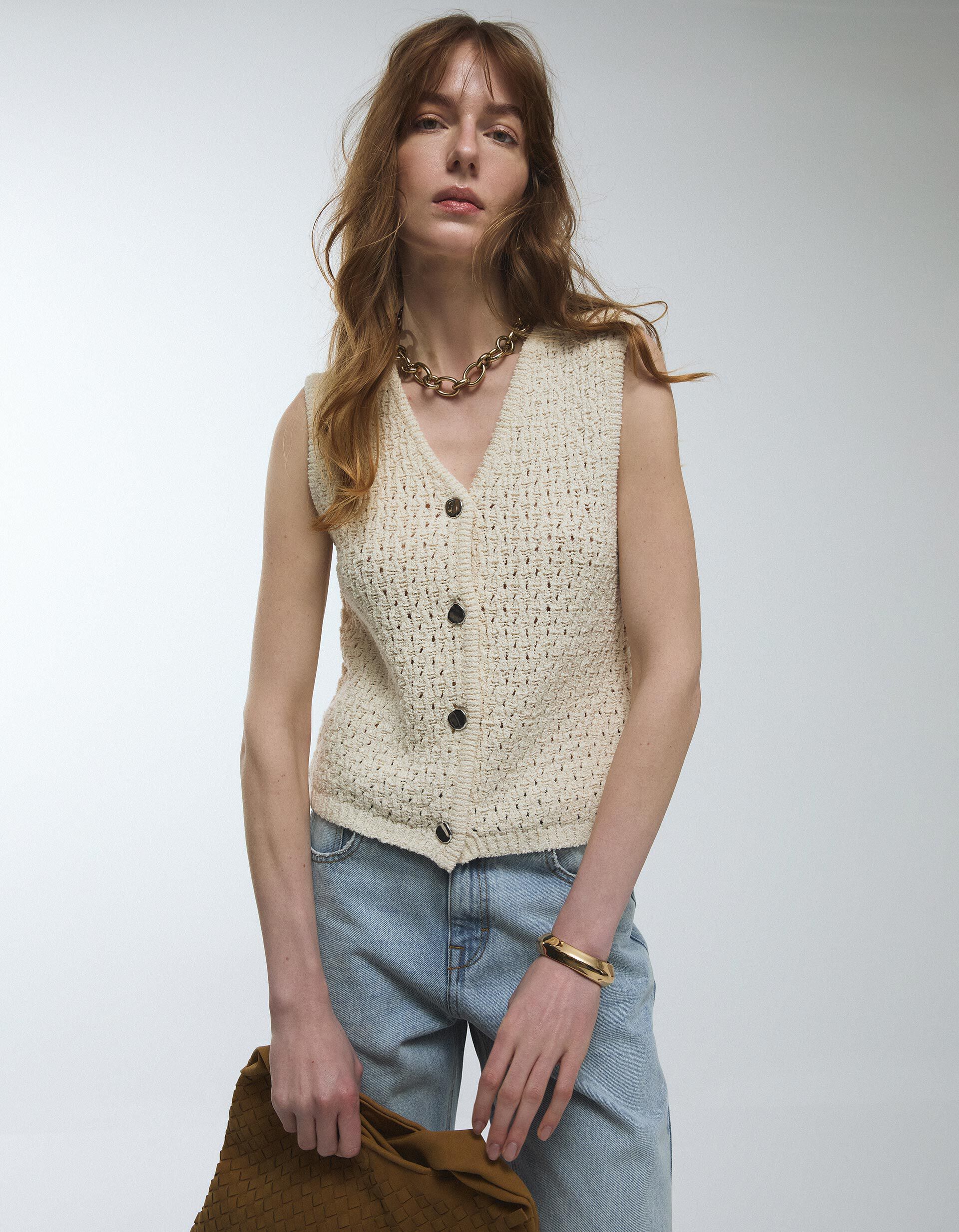 Comprar Online Colete de Malha, Mulher, Bege Claro