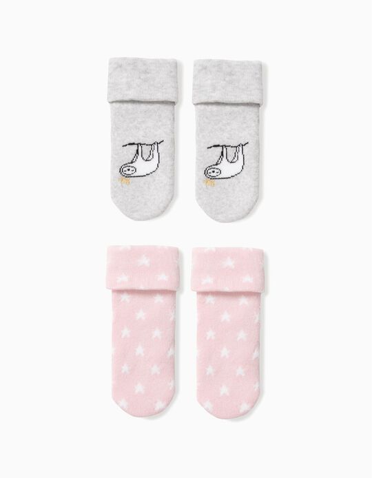 Pack 2 Meias Antiderrapantes para Beb&eacute; Menina 'Queen Sloth',  Cinza e Rosa