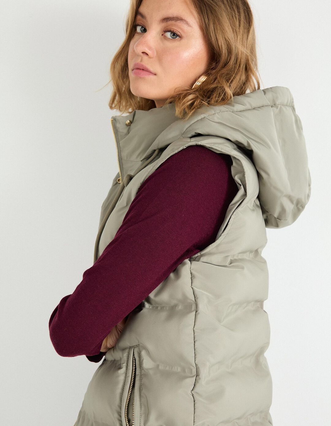Colete Acolchoado Capuz, Mulher, Verde Escuro