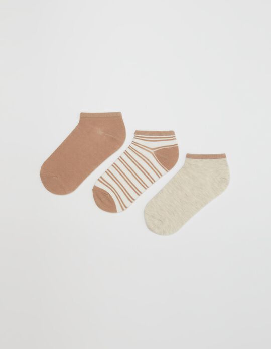 Pack of 3 Pairs of Trainer Socks, 'Stripes', Women, Beige/White