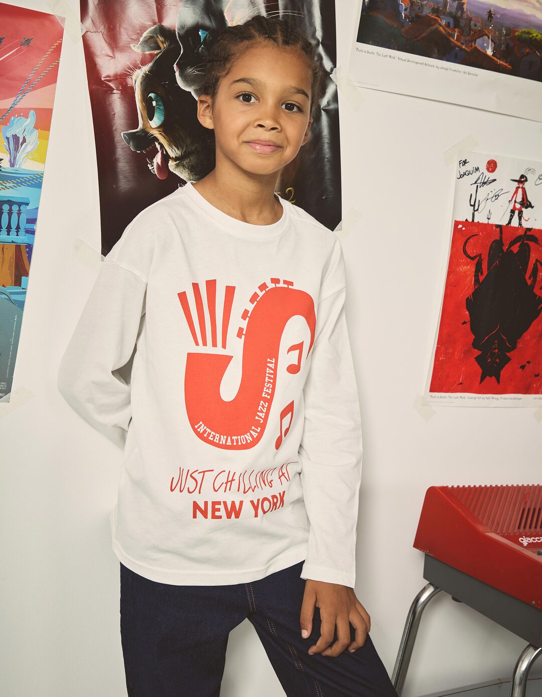 T-shirt de Manga Comprida Estampado, Menino, Branco