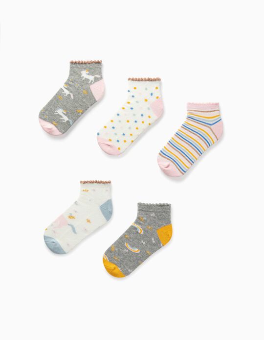 5 Pairs Ankle Socks for Girls 'Unicorns', Multicoloured