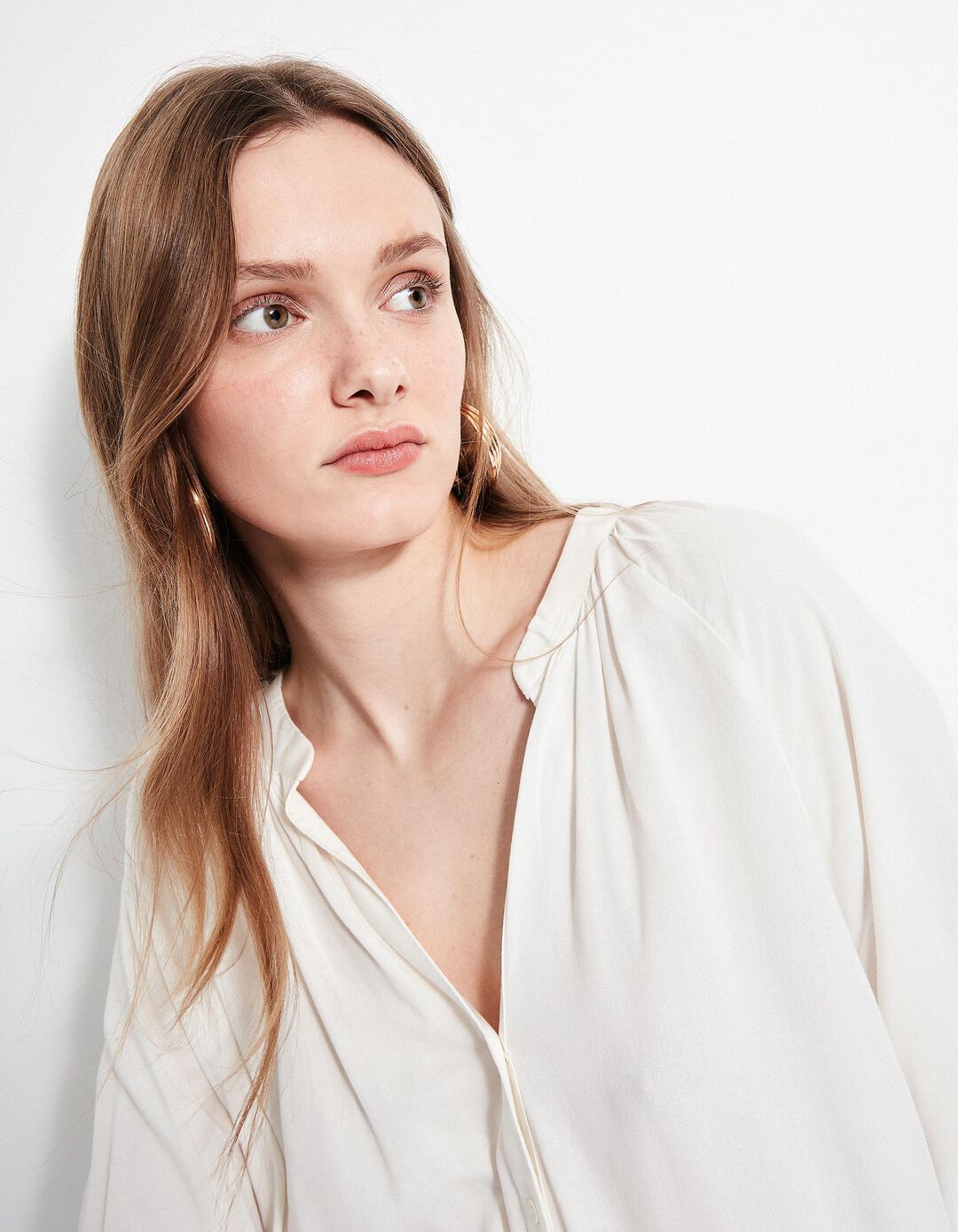 Blusa Decote em V, Mulher, Bege Claro 