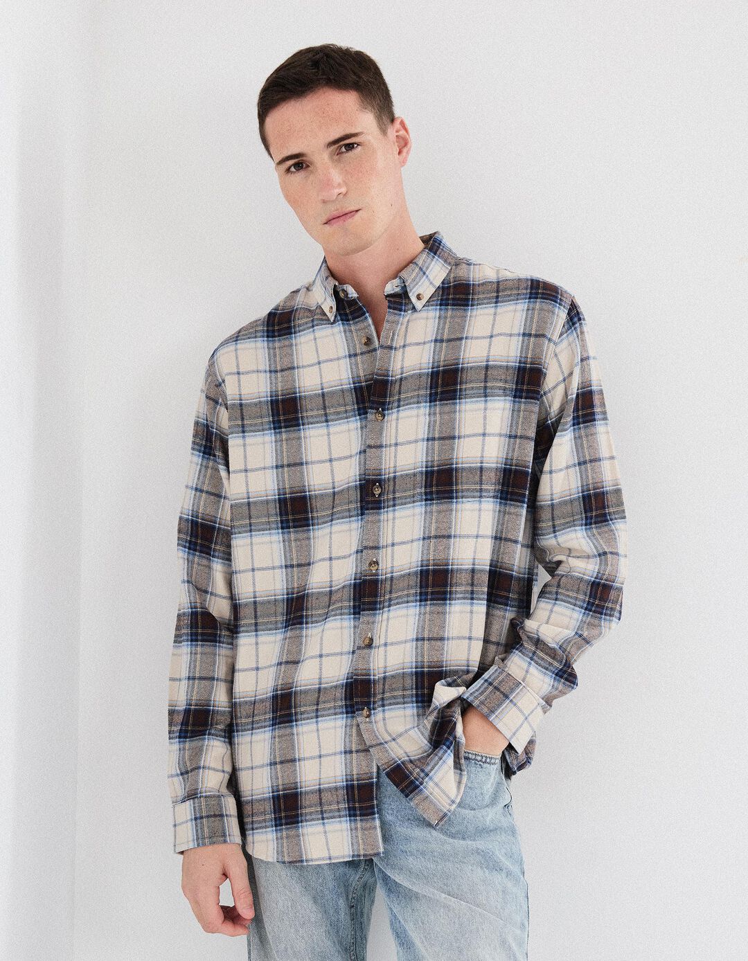 Camisa Flanela de Xadrez, Homem, Bege Claro