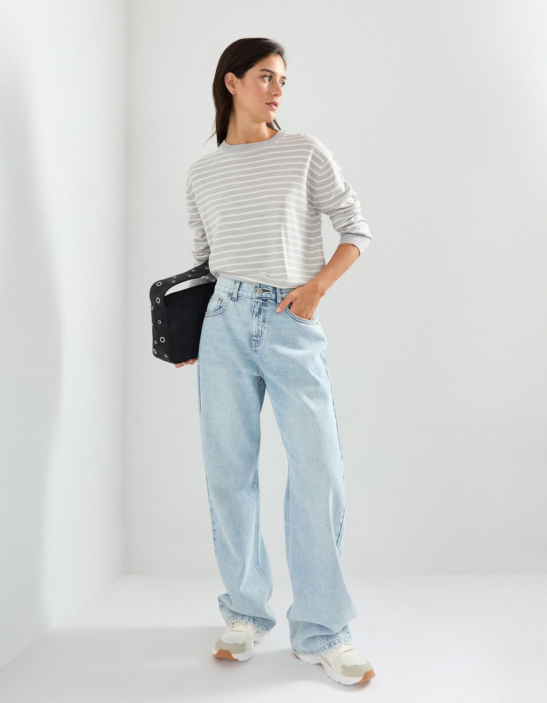 Camisola de Malha com Riscas, Mulher, Cinzento Claro