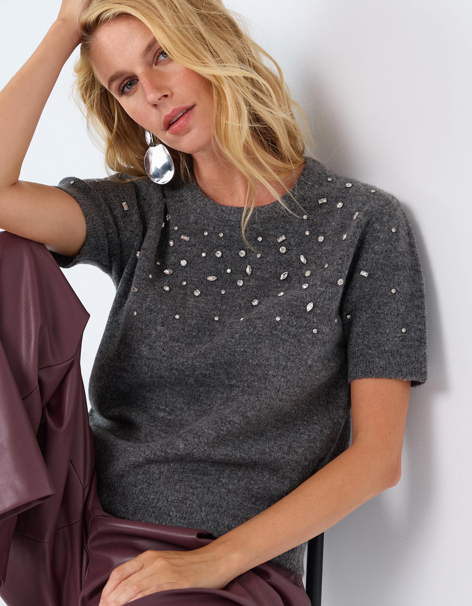 Comprar Online Camisola Tricotada Com Pedras, Mulher, Cinzento Escuro