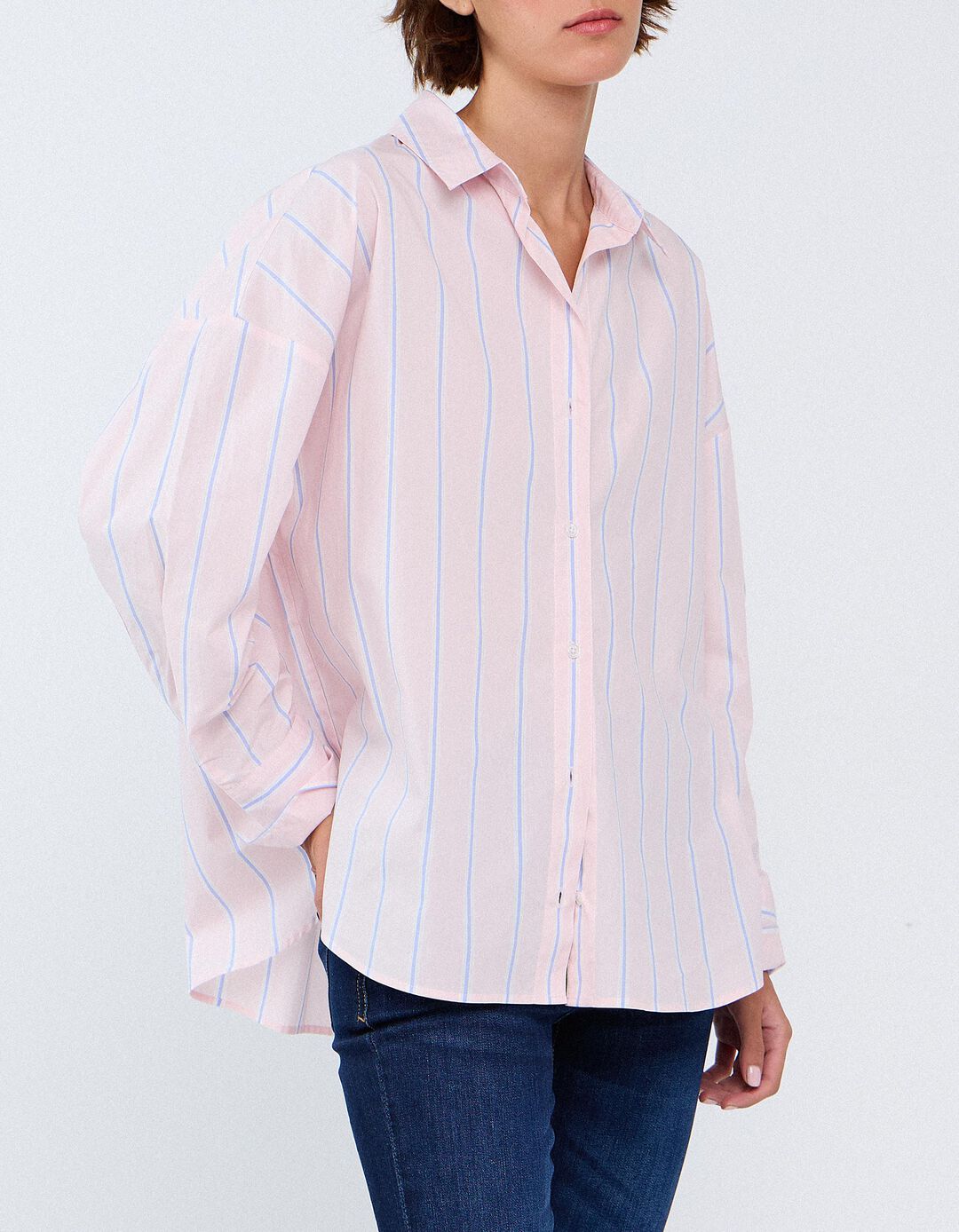 Camisa Oversize &Agrave;s Riscas, Mulher, Rosa Claro