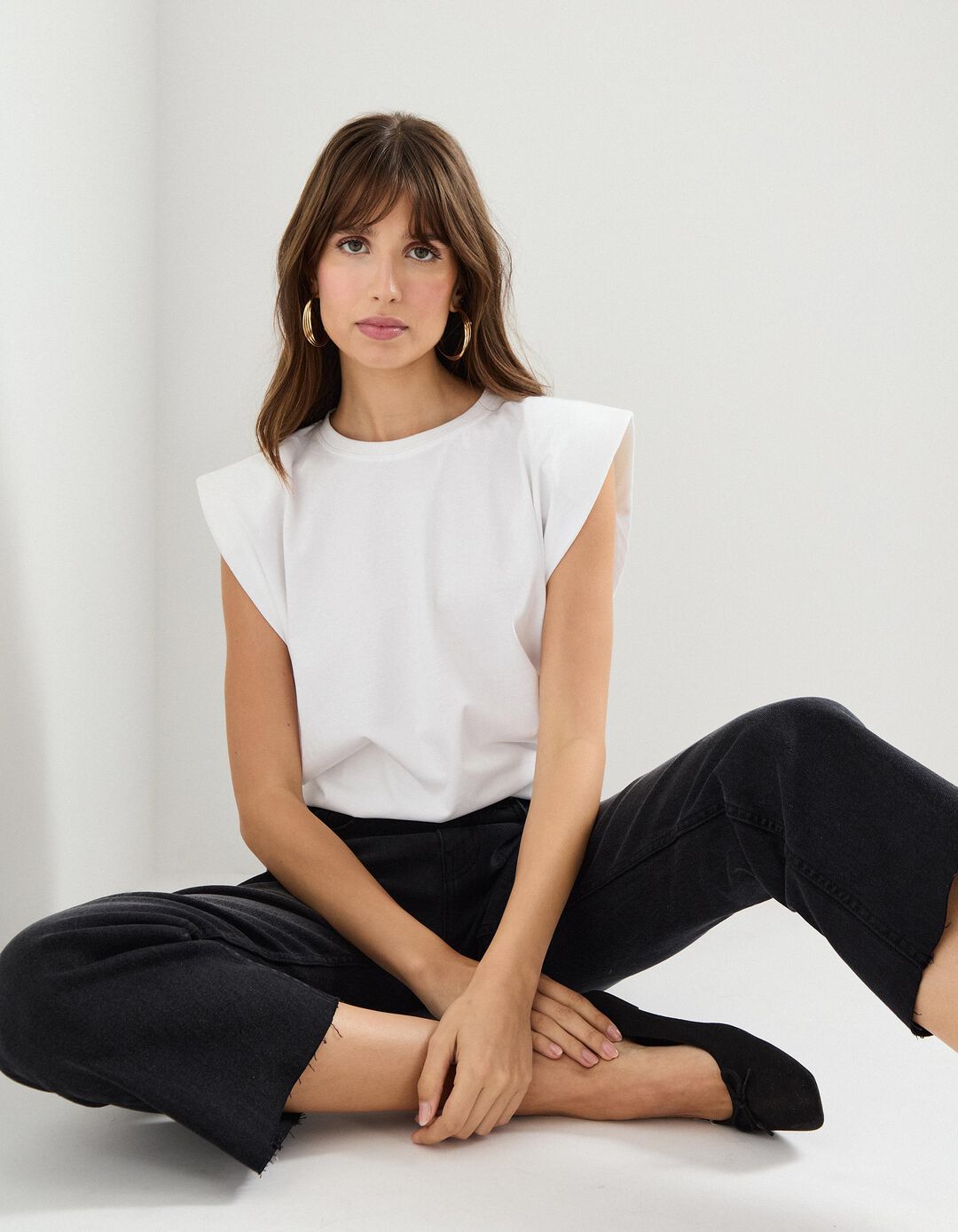 T-shirt com Ombreiras, Mulher, Branco