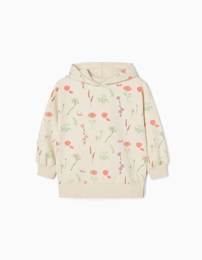 Hooded Sweatshirt with floral Motif for Girls, Beige