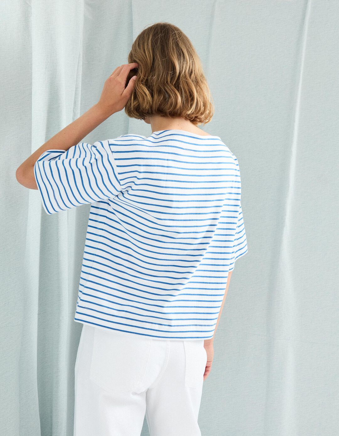 T-shirt Riscas com Decote em Barco, Mulher, Branco