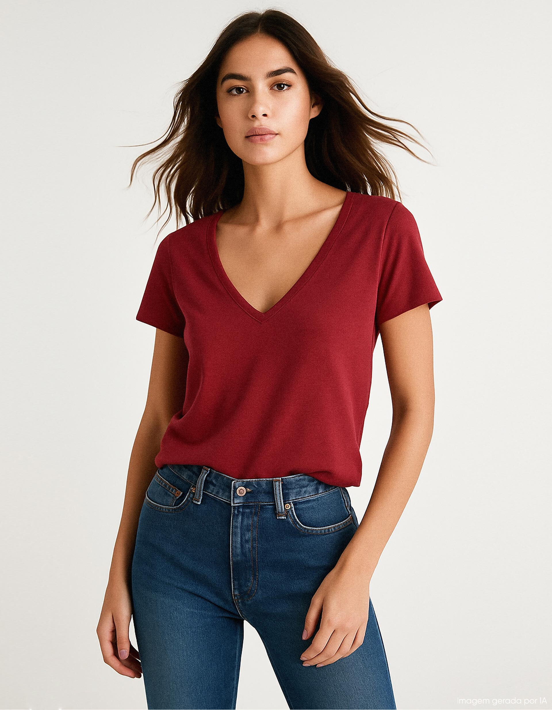 Comprar Online T-shirt Decote em V, Mulher, Vermelho Escuro