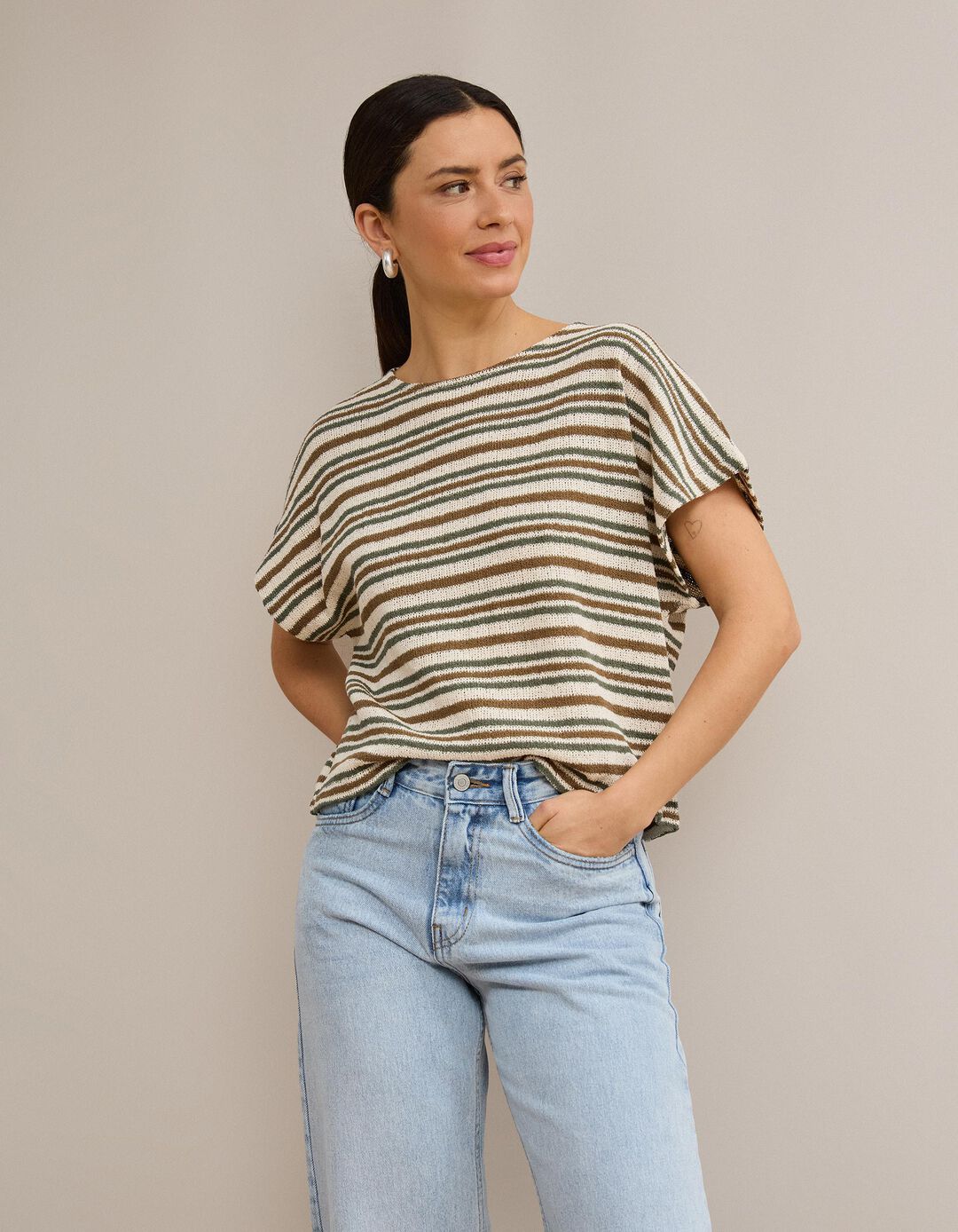 T-shirt &Agrave;s Riscas Em Malha R&uacute;stica, Mulher, Castanho