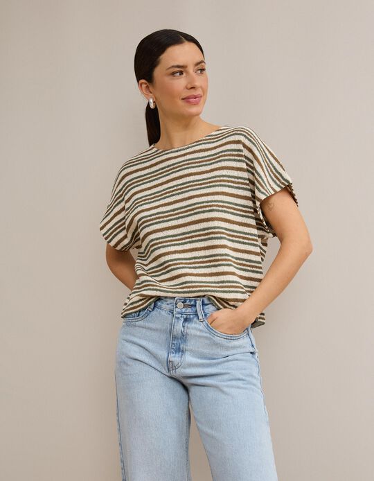 Comprar Online T-shirt &Agrave;s Riscas Em Malha R&uacute;stica, Mulher, Castanho