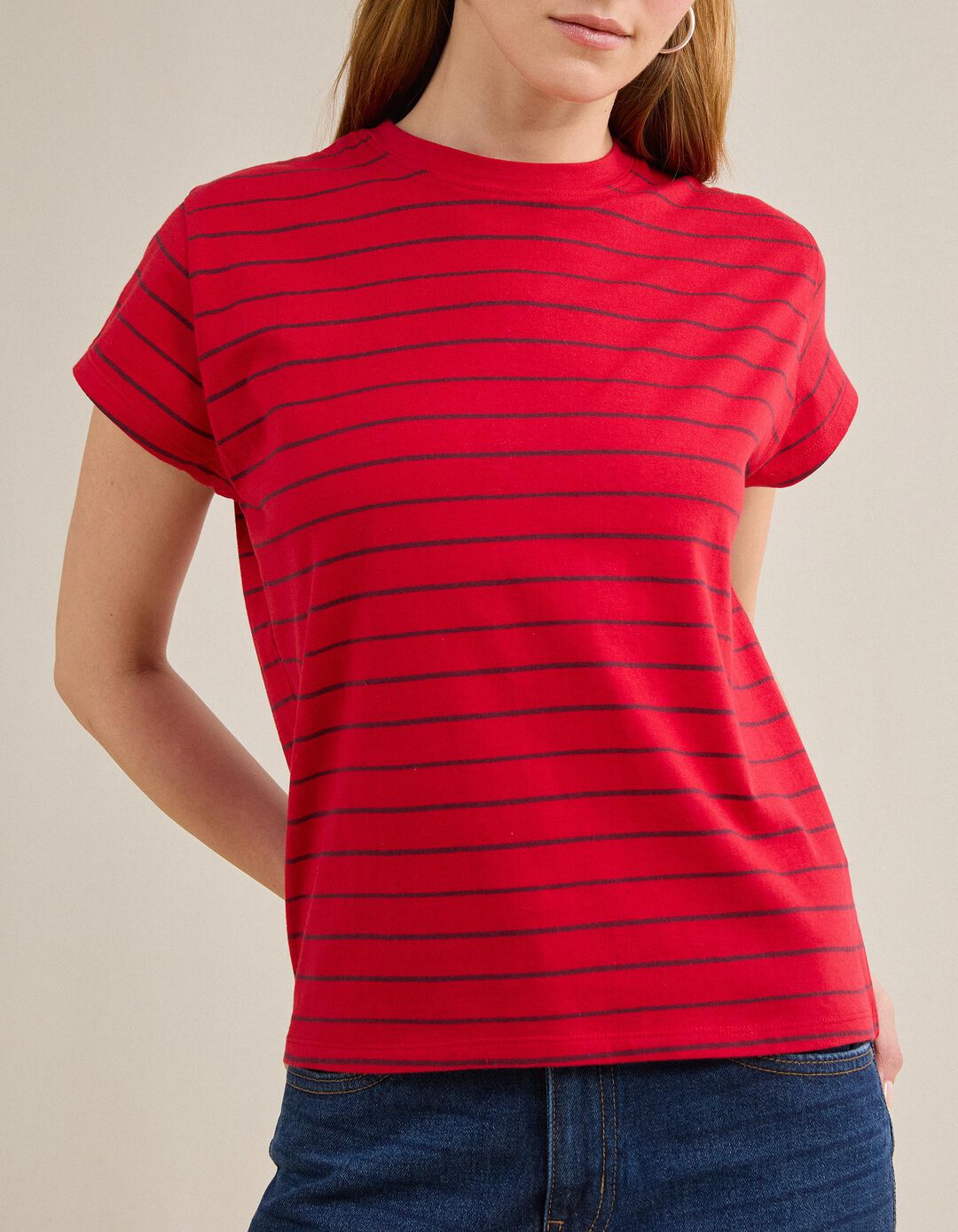T-shirt &agrave;s Riscas, Mulher, Vermelho Escuro