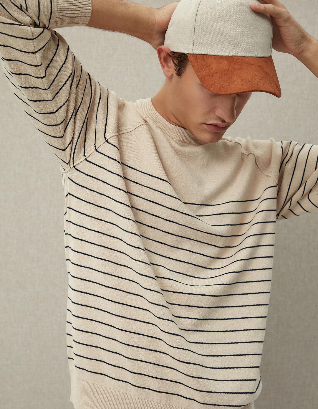 Camisola de Malha Riscas, Homem, Bege Claro 