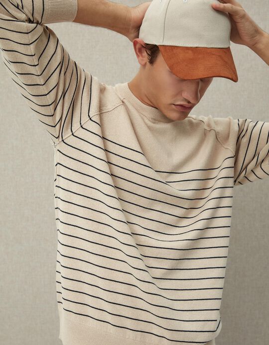Comprar Online Camisola de Malha Riscas, Homem, Bege Claro 