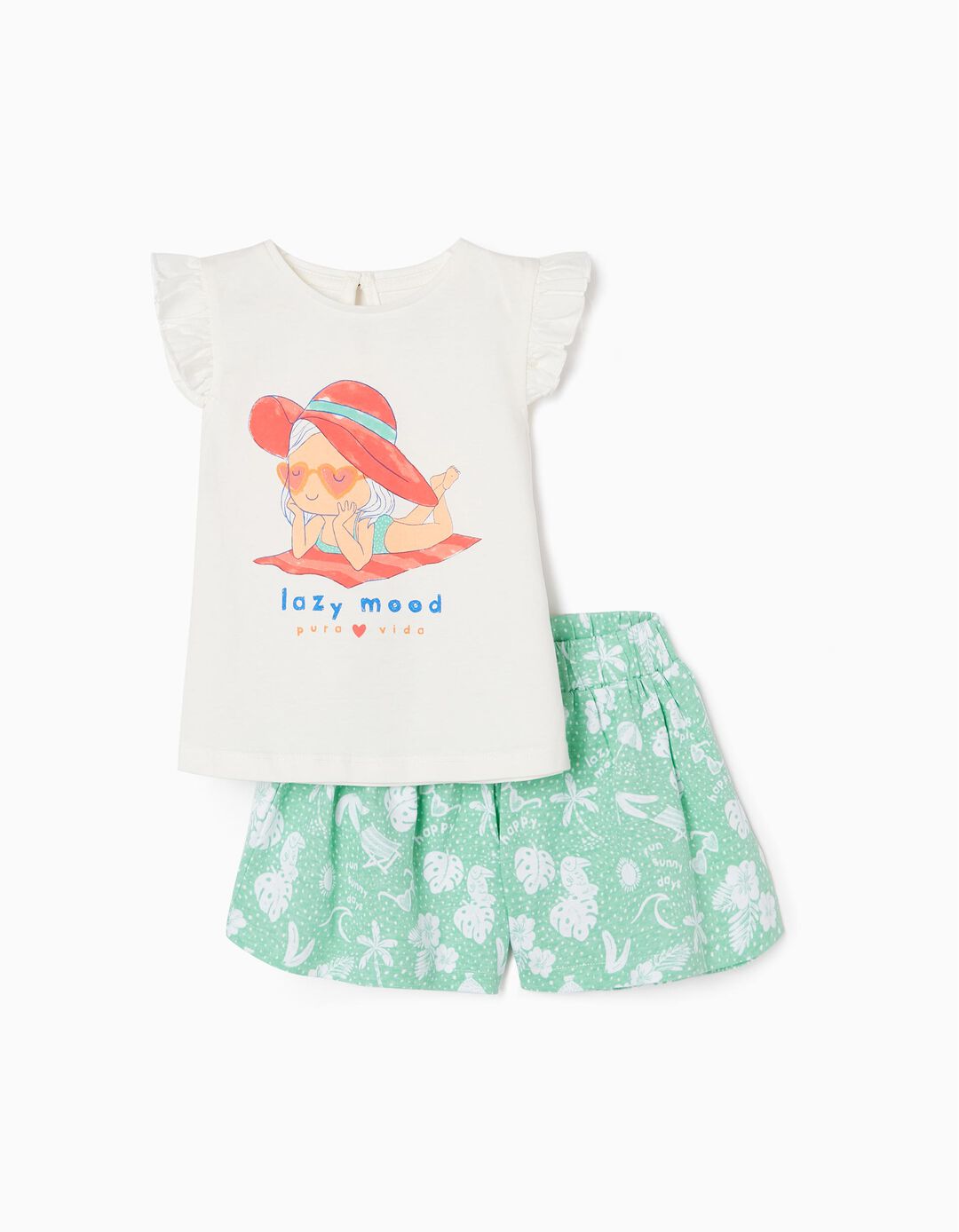 Conjunto T-shirt + Calções para Bebé Menina 'Pura Vida', Branco/Verde